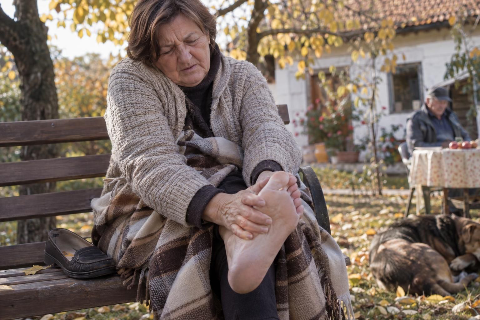 Žena od oko 65 godina sedi na baštenskoj klupi umotana u pokrivač, izula je cipelu i rukama trlja hladno boso stopalo