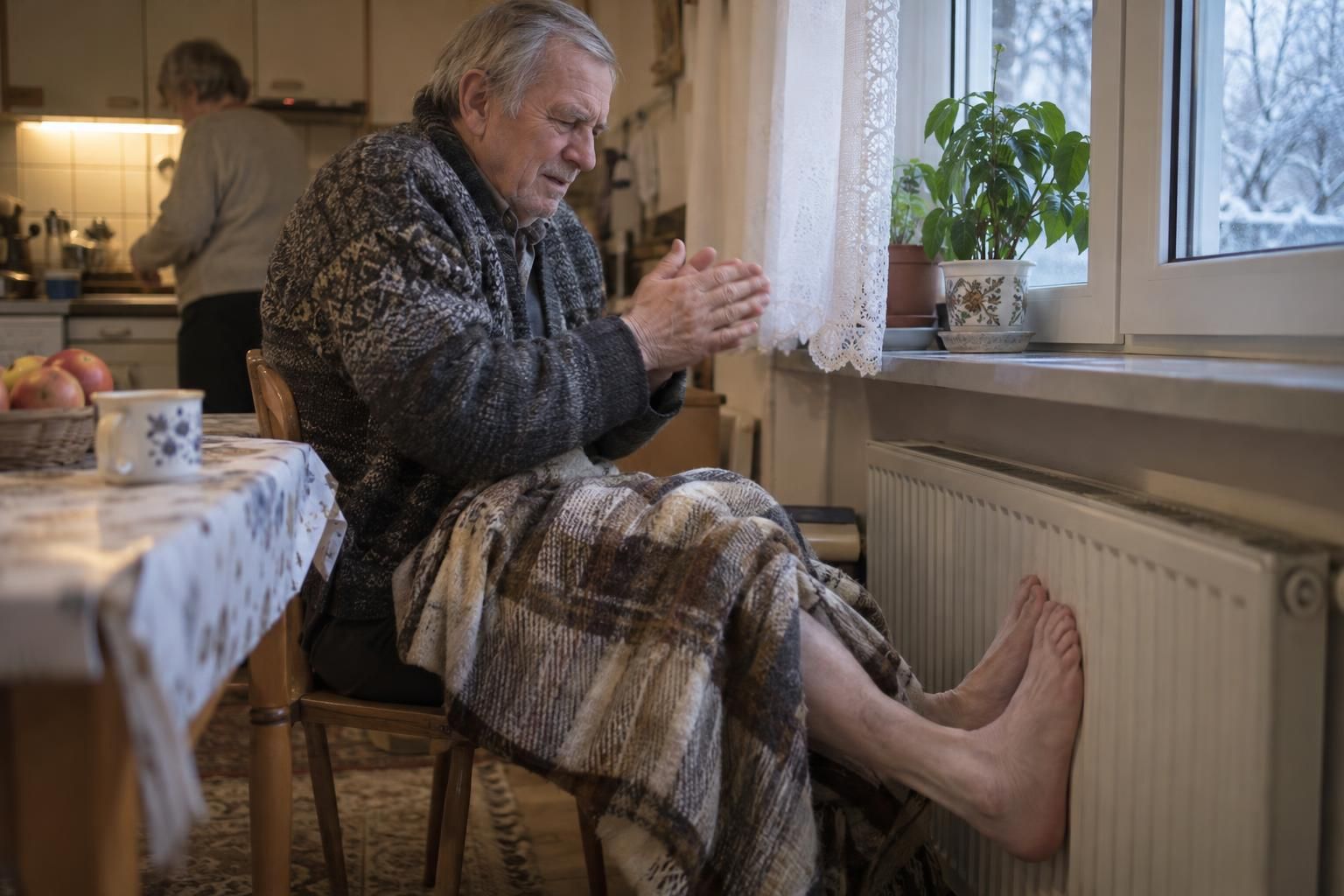 Muškarac od oko 70 godina sedi u kuhinji pod pokrivačem i drži bosa hladna stopala priljubljena uz radijator, dok trlja ruke